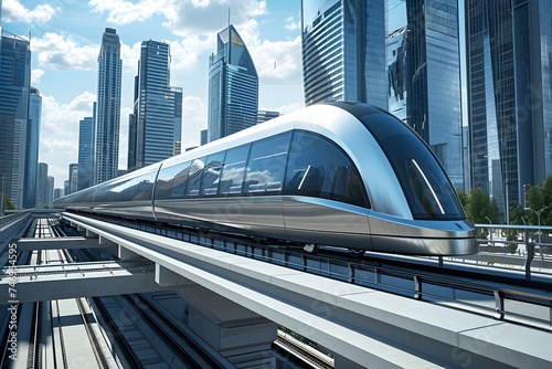 high-speed maglev train slicing through an urban landscape photo