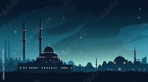 Islamic background, ramadan. Mosque silhouette in bright night sky with moon and star photo