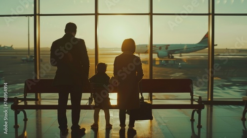 family at airport, travel concept, silhouettes of a family at airport
