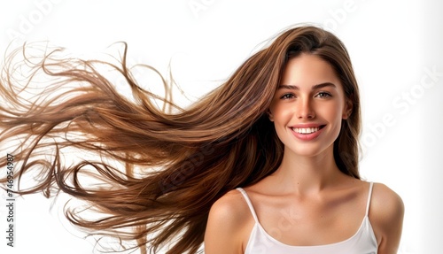 portrait of a woman with long hair on white background