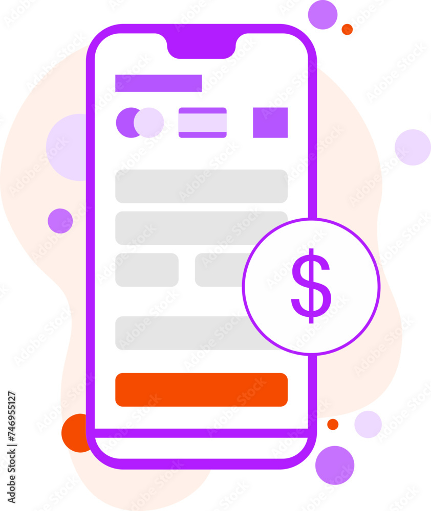 Online cash payment app in smartphone on abstract background.