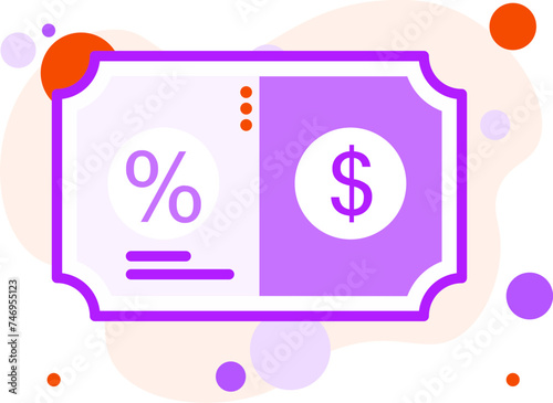 Money discount percentage ticket or coupon on abstract circles background in flat style.