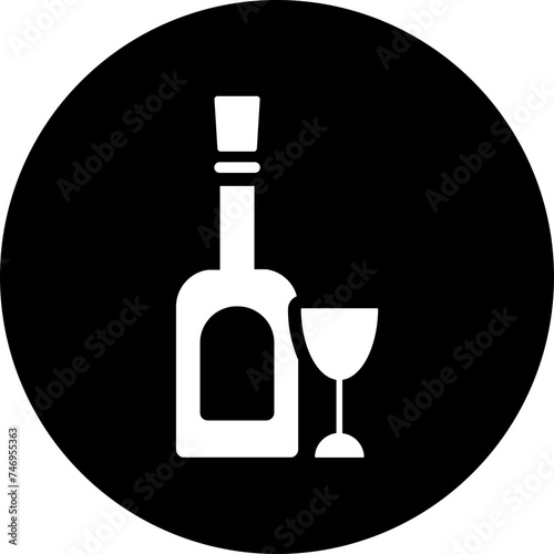 Wine glass and bottle icon in b&w color.