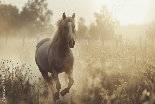 Beautiful breed horse running in the field in summer