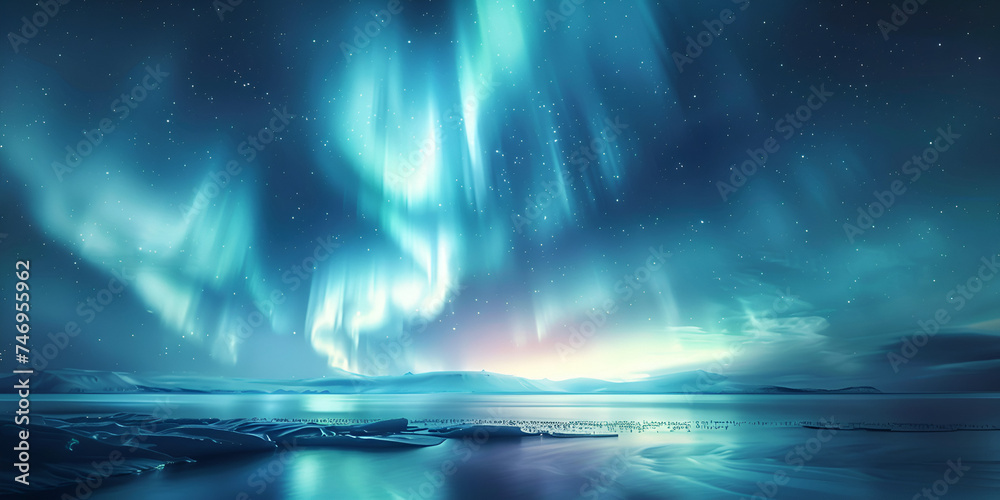 Hypnotic aurora borealis event backdrop, shimmering northern lights, and celestial beauty, creating a mesmerizing and ethereal setting. Northern lights at night mountains Beautiful illustration, Encha