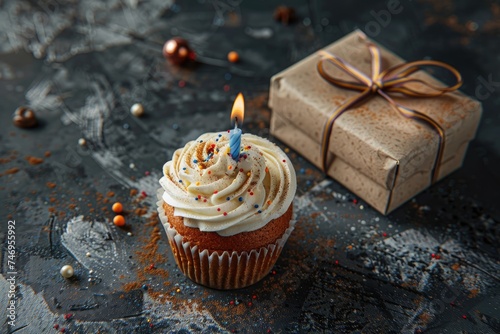 Cupcake with birthday candle and gift box.