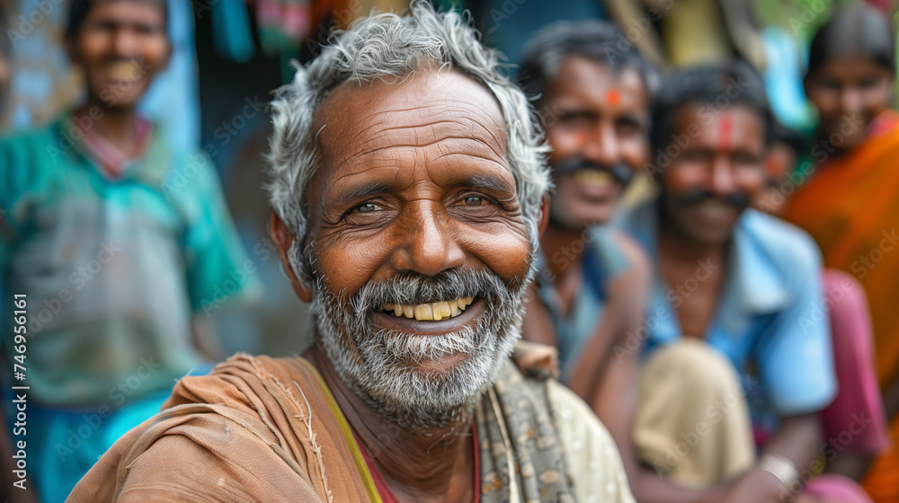 Group of old and young Indian villager men in a village in India. Happy and smilling. - obrazy, fototapety, plakaty 