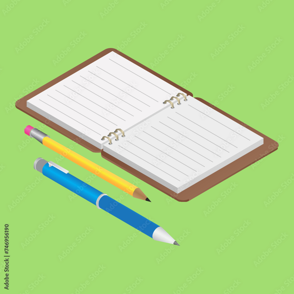 3D Render of Open book with Pen and Pencil on green background. 3D Render of Open book with Pen and Pencil on green background.