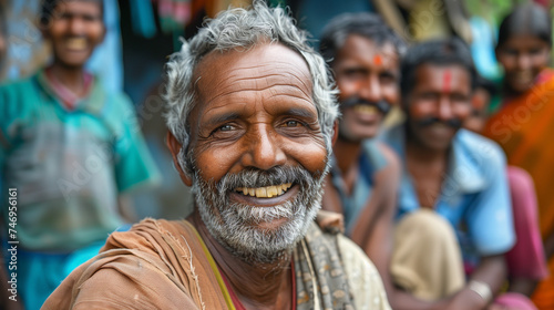 Group of old and young Indian villager men in a village in India. Happy and smilling. © Jammy Jean
