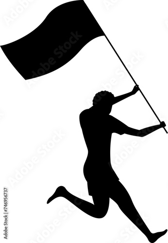 Silhouette character of man holding waving flag with running pose.