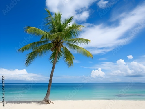 Sandy tropical beach background with palm tree
