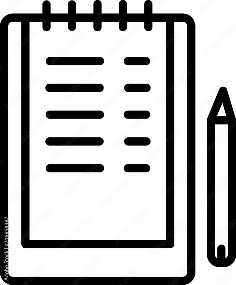 Black line art illustration of notepad icon.