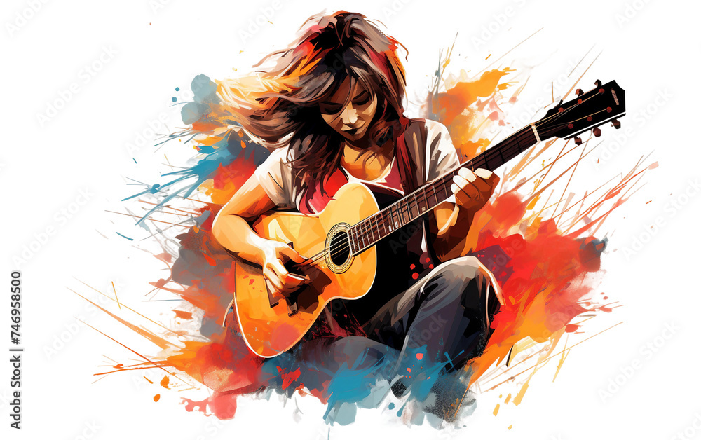 Captivating Scene of a Girl Playing Guitar with Heart Isolated on Transparent Background PNG.