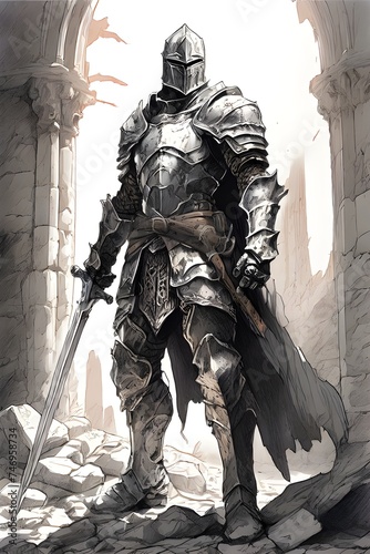 knight holding a sword with a iron armor vector illustration
