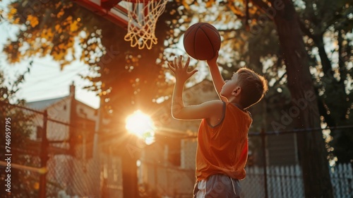 a boy of five years old playing basketball outdoors on summer season.