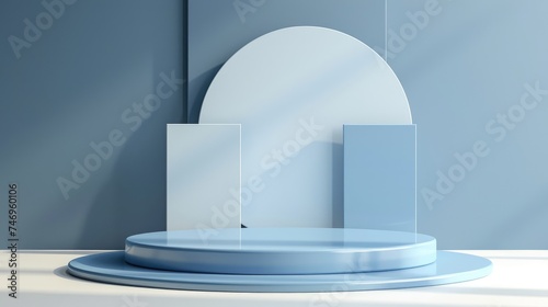Minimalist podium for product display or showcase. Blue podium 3d render