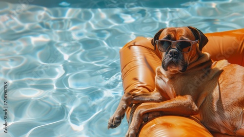 A dog wearing sunglasses and Floating in the Pool, summer season, summer background.