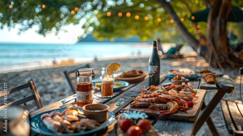 beachside dining setup with seafood on a wooden camping table in summer.