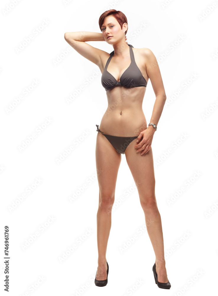 Body, studio and confident woman in bikini, white background and self love for girl. Female person, underwear or swimwear for fashion, heels and aesthetic of model proud with outfit for bodycare Body, studio and confident woman in bikini, white background and self love for girl. Female person, underwear or swimwear for fashion, heels and aesthetic of model proud with outfit for bodycare