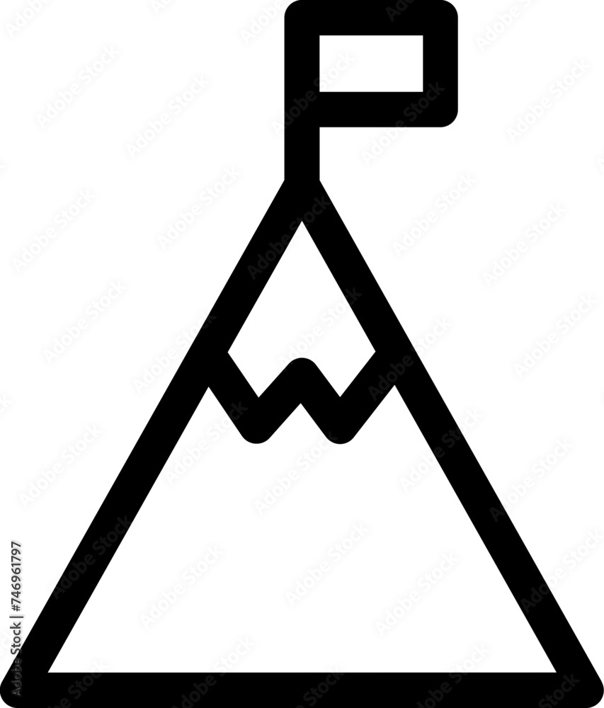Black line art illustration of mountain with flag icon. Black line art illustration of mountain with flag icon.