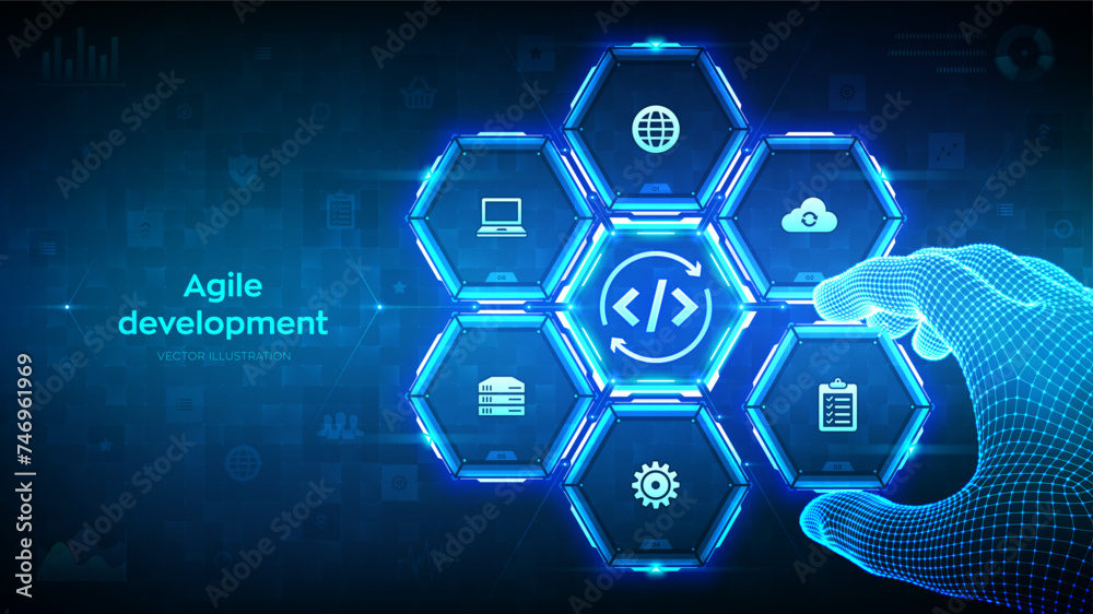 Agile development optimization concept. Software engineering. Software development practices methodology. Wireframe hand places an element into a composition visualizing Devops. Vector illustration. Agile development optimization concept. Software engineering. Software development practices methodology. Wireframe hand places an element into a composition visualizing Devops. Vector illustration.