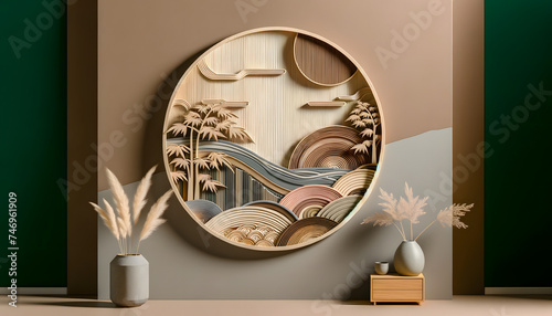 The Japandi style wall decoration featuring muted and wood tone colors in a 3D papercut art style. This ultra-realistic artwork, with high relief, showcases the minimalist design photo