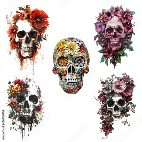 Set of skulls, transparent background, Halloween festival