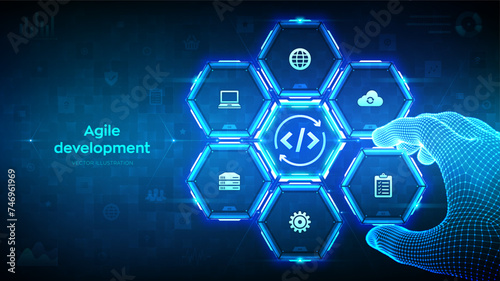 Agile development optimization concept. Software engineering. Software development practices methodology. Wireframe hand places an element into a composition visualizing Devops. Vector illustration.