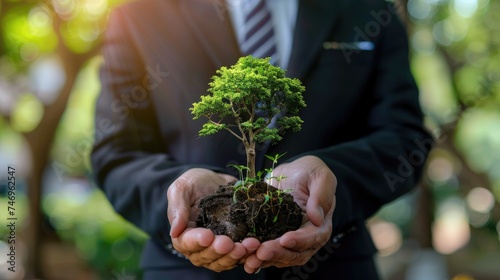 Business Executive Holding a Growing Tree Symbolizing ESG
