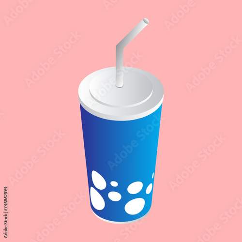 Realistic soft drink disposable glass on pink background.