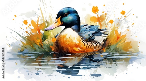 watercolor vector illustration of cute ducklings swimming in the river on a white background photo