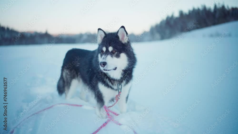 Adorable Alaskan Malamute Dog Breed In Deep Snow Nature Landscape. Close-Up Shot Adorable Alaskan Malamute Dog Breed In Deep Snow Nature Landscape. Close-Up Shot