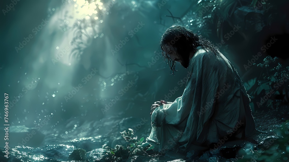 A dramatic portrayal of Jesus praying in the Garden of Gethsemane, bathed in moonlight. - obrazy, fototapety, plakaty 