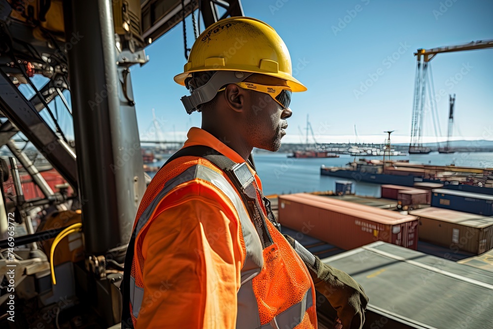 Harbor crane operators adhere to safety protocols while handling cargo, and operators wear appropriate safety gear. Harbor crane operators adhere to safety protocols while handling cargo, and operators wear appropriate safety gear.