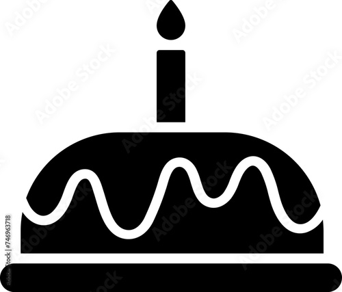 Burning candle on cake icon in b&w color.