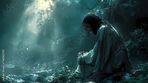A dramatic portrayal of Jesus praying in the Garden of Gethsemane, bathed in moonlight. photo