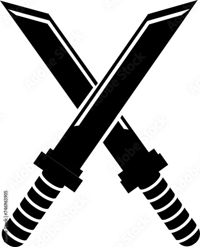 Illustration of swords icon in b&w color.