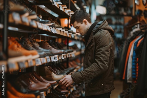 portrait of a Young man is looking for new shoes in shoe shop photo