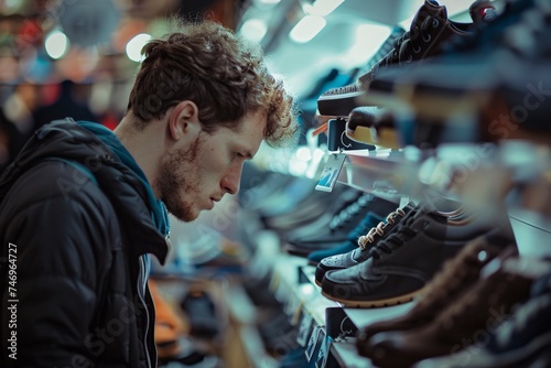 portrait of a Young man is looking for new shoes in shoe shop