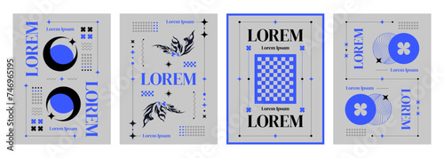 Simple grey poster design with grid and neo tribal abstract geometric shapes and stickers. Vector set of banner or cover template in y2k style with cyber aesthetic decoration ornament and text.