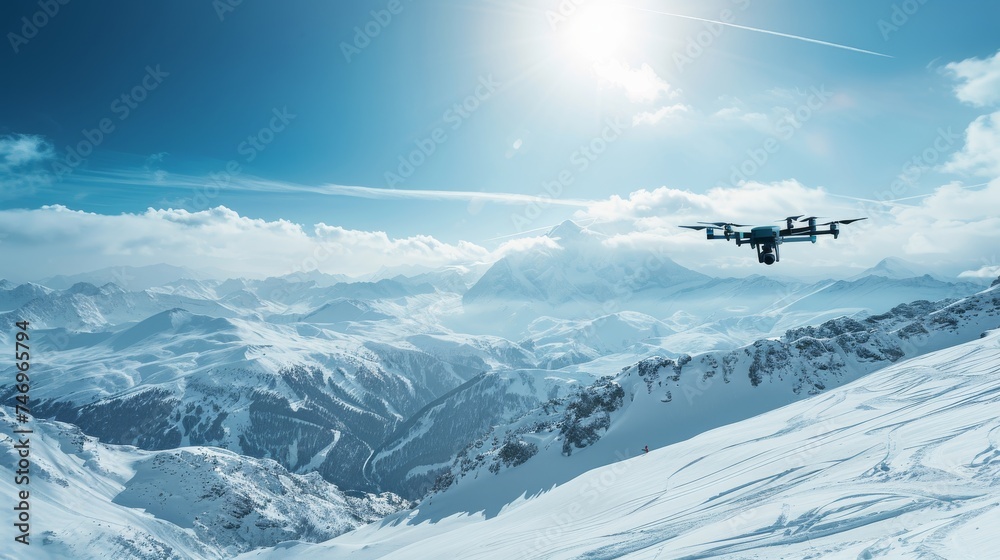 a drone delivers equipment to a ski resort, supporting winter tourism and recreation