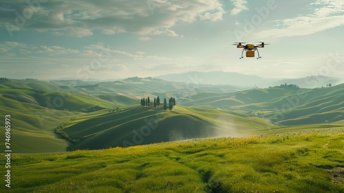 Against a backdrop of rolling hills, a drone flies gracefully, carrying a package as it seamlessly integrates into rural logistics