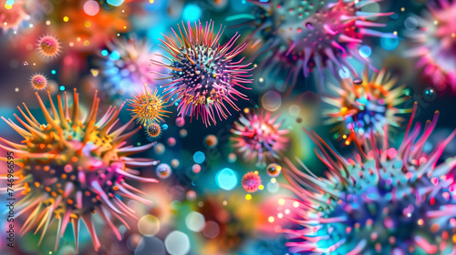 Artistic stock photo of vibrant virus war particles under a micr photo