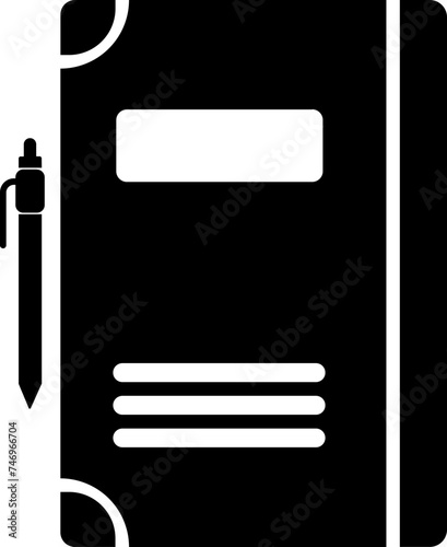 Book with pen glyph icon or symbol.
