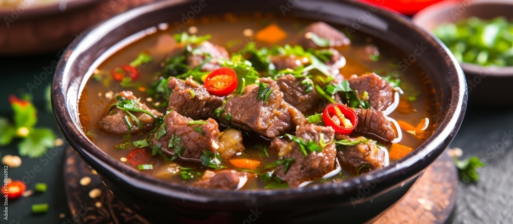 Savor the Flavor: A Steaming Bowl of Hearty Beef and Vegetable Soup with a Spoon Savor the Flavor: A Steaming Bowl of Hearty Beef and Vegetable Soup with a Spoon