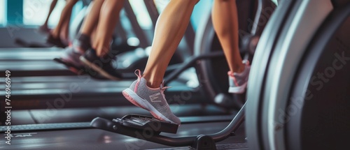 Close up healthy legs is riding a spin bike in gym. Fitness man is doing cardio exercise on cycling bikes. people working out on an elliptical trainer in gym.Back view