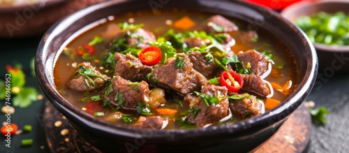 Savor the Flavor: A Steaming Bowl of Hearty Beef and Vegetable Soup with a Spoon