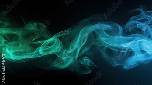 Abstract backdrop Cloud of green and blue smoke on a black texture background.