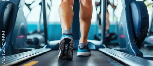 Closeup leg of cardio workout Low section of a woman running on a treadmill in a fitness center photo