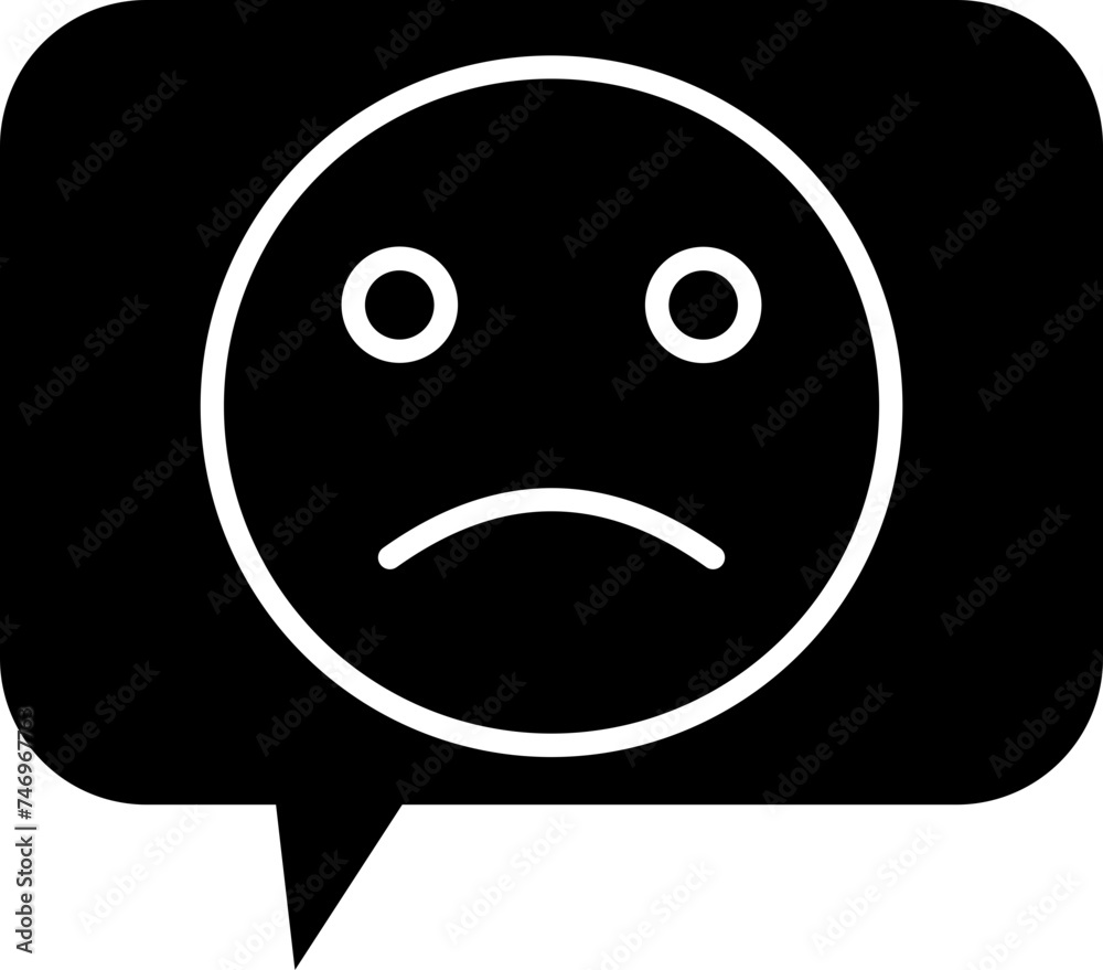 Sad emoji speech bubble or bad review icon.